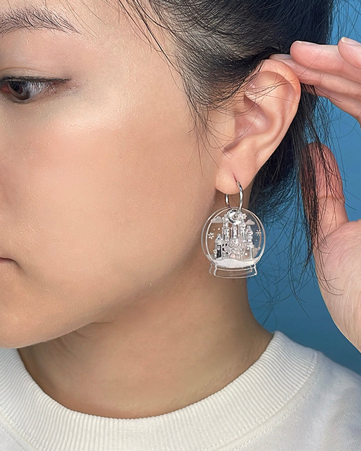 Snow Globe Hoops Earrings (Silver & Pink)