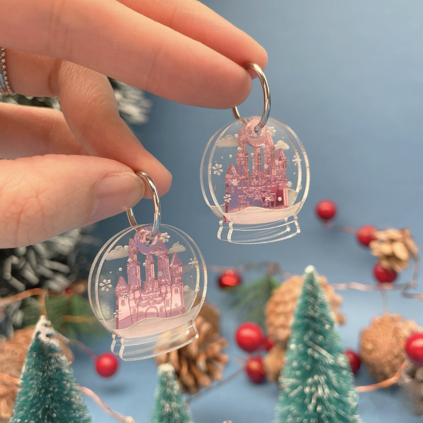 Snow Globe Hoops Earrings (Silver & Pink)