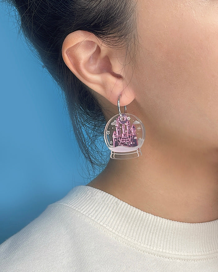 Snow Globe Hoops Earrings (Silver & Pink)