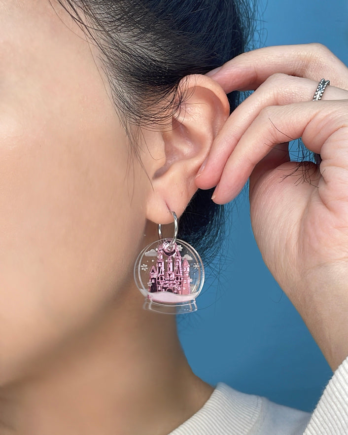 Snow Globe Hoops Earrings (Silver & Pink)