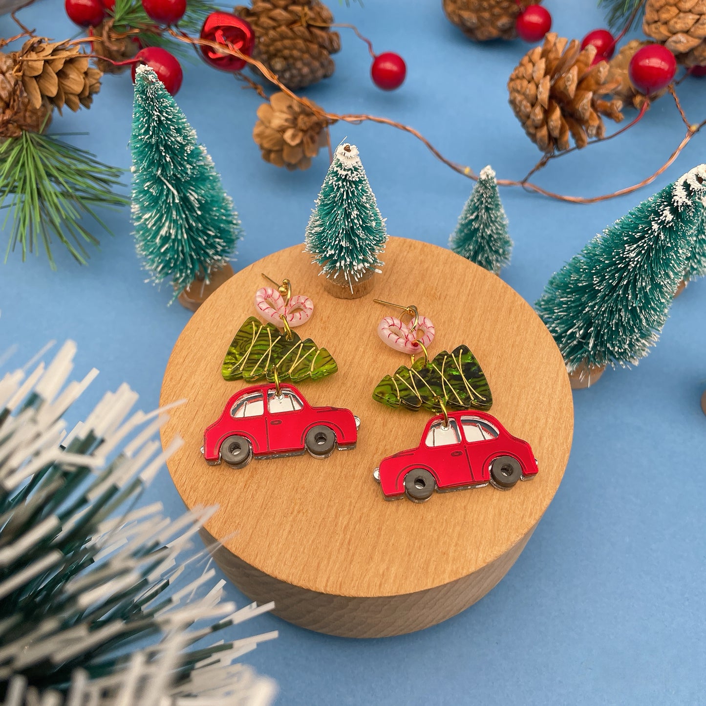 Car Carrying Xmas Tree Dangle Earrings