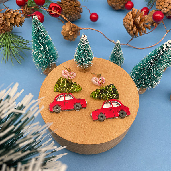 Car Carrying Xmas Tree Dangle Earrings