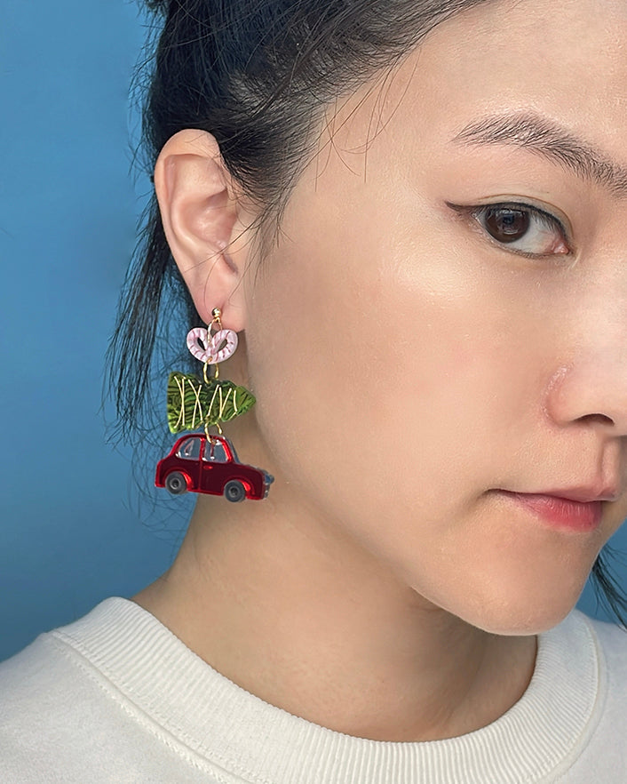 Car Carrying Xmas Tree Dangle Earrings