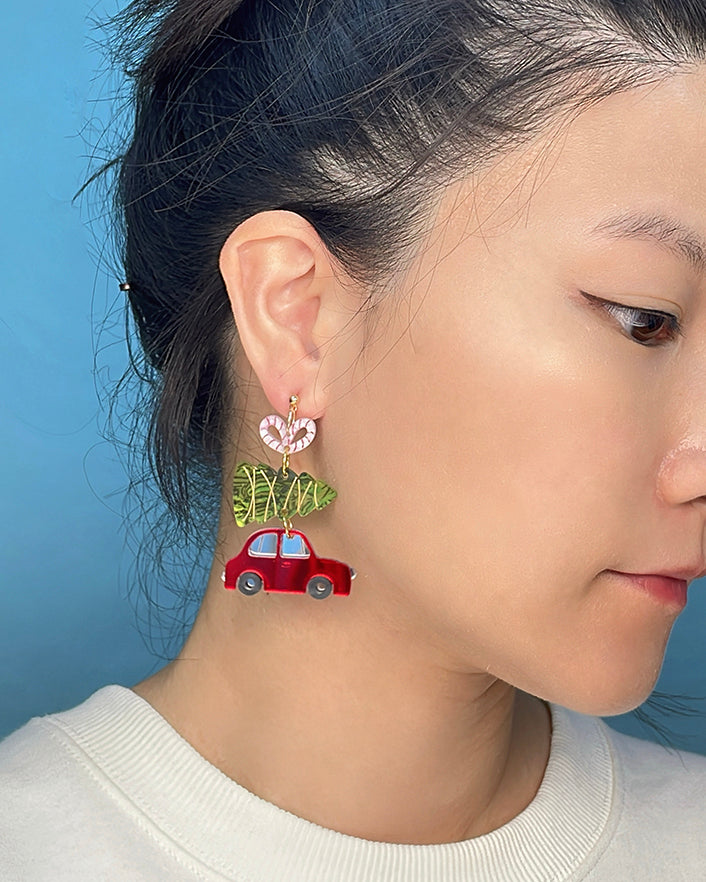Car Carrying Xmas Tree Dangle Earrings