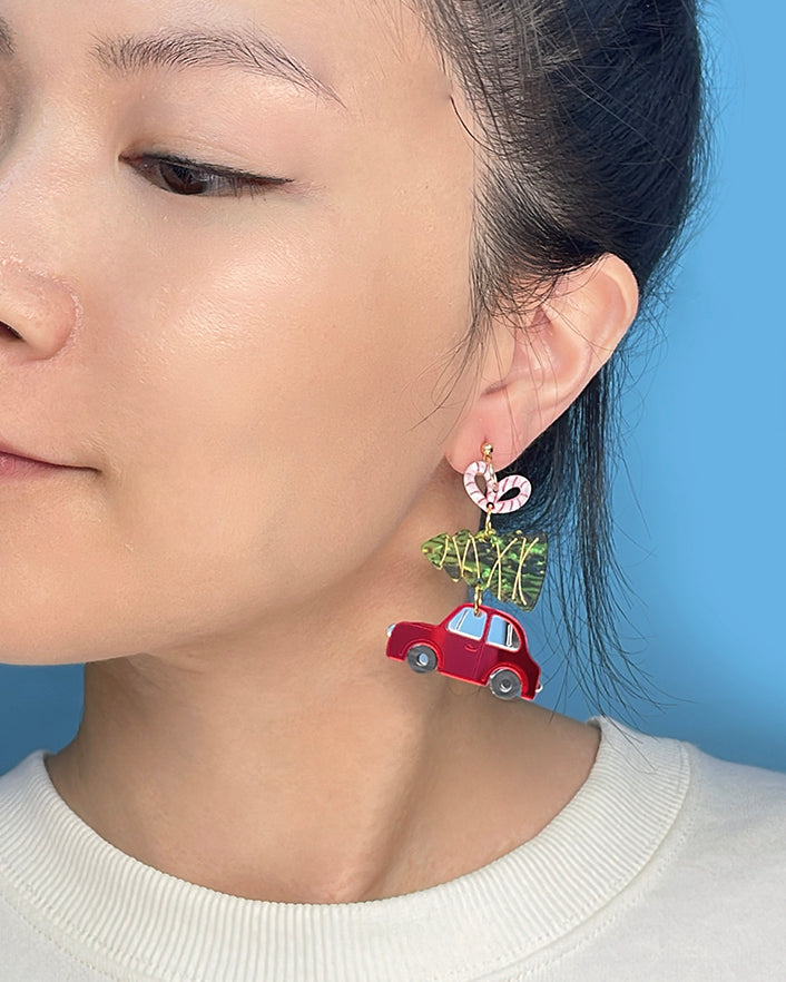 Car Carrying Xmas Tree Dangle Earrings