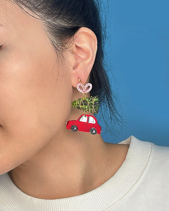 Car Carrying Xmas Tree Dangle Earrings