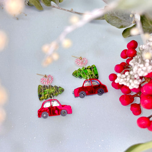 Car Carrying Xmas Tree Dangle Earrings