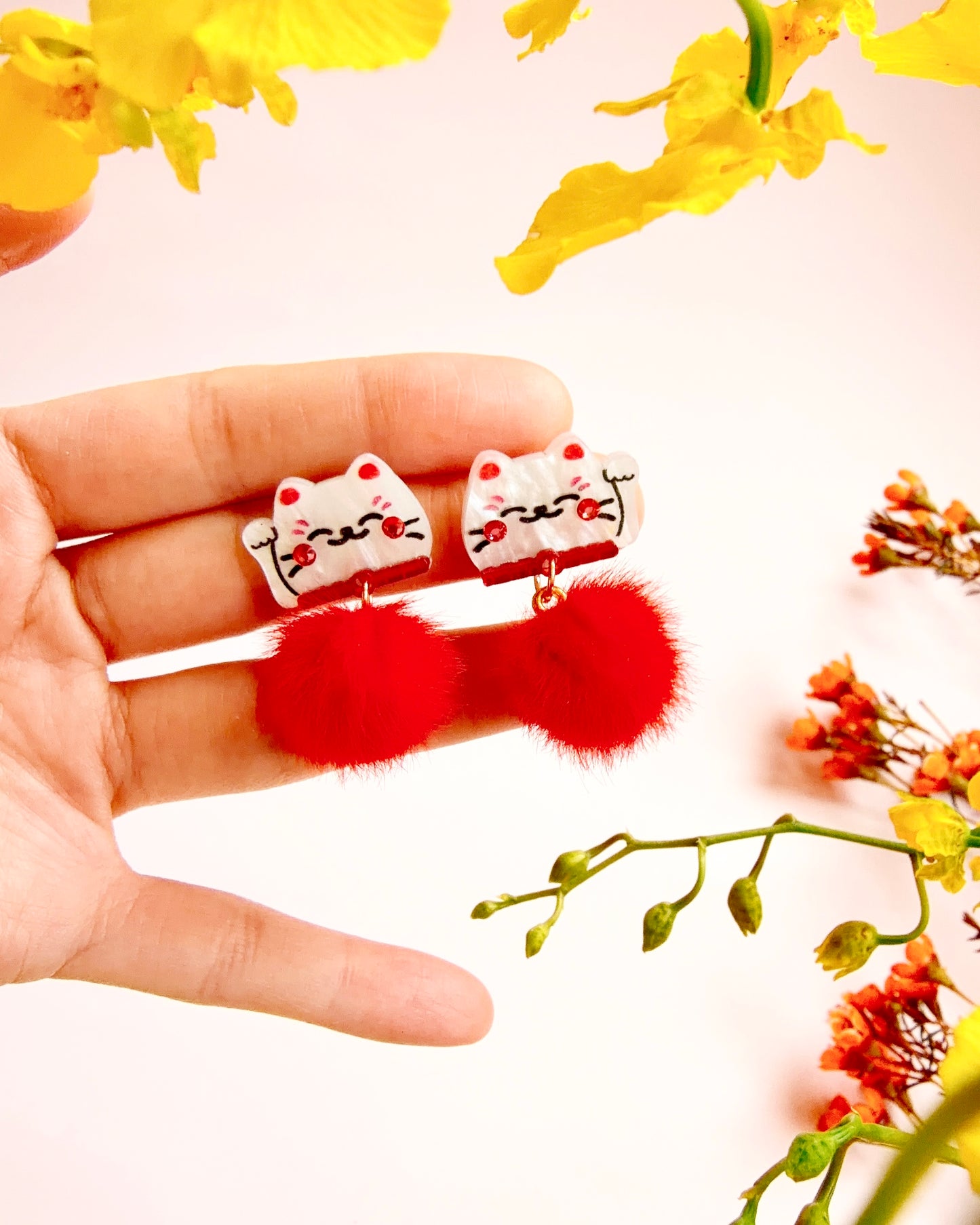 PomPom Lucky Cat Studs