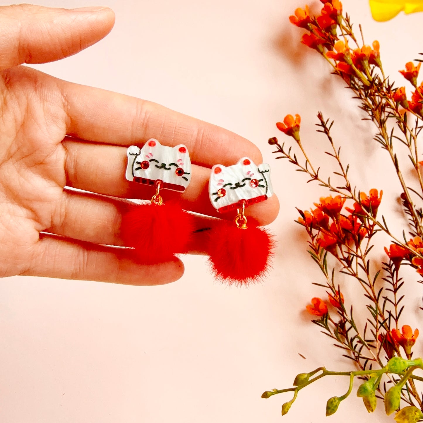PomPom Lucky Cat Studs