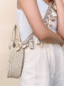 Bohemian Straw Woven Bag - Beige Tassels Strap