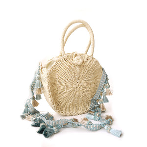 Bohemian Straw Woven Bag - Blue Tassels Strap