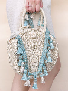 Bohemian Straw Woven Bag - Blue Tassels Strap