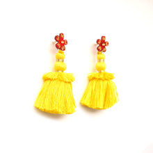 Load image into Gallery viewer, Red Blossom with Yellow Tassels Earrings (Last One)