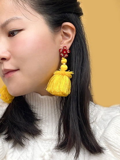 Red Blossom with Yellow Tassels Earrings (Last One)